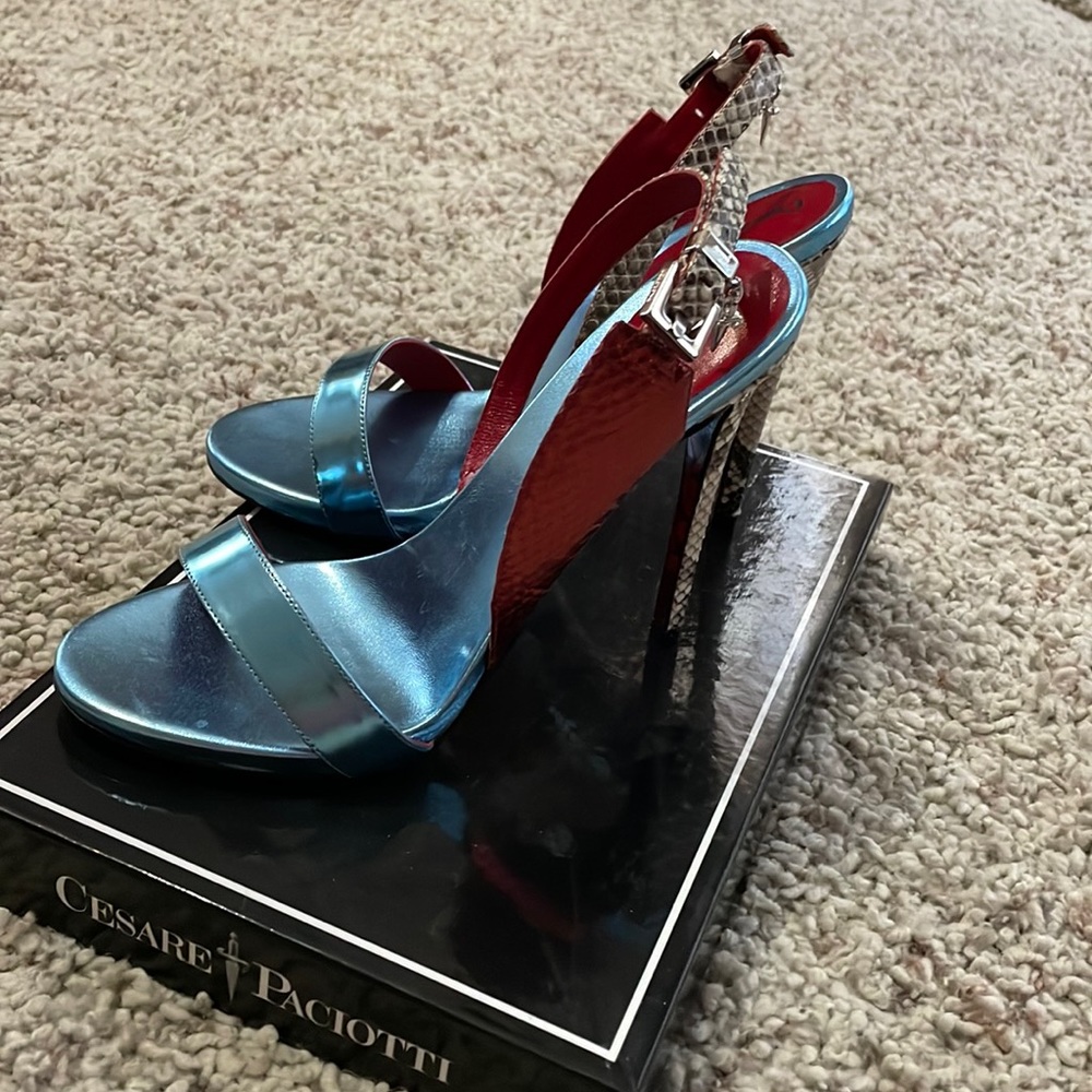 Sling back high heeled sandals, dust bag and box included, never worn
